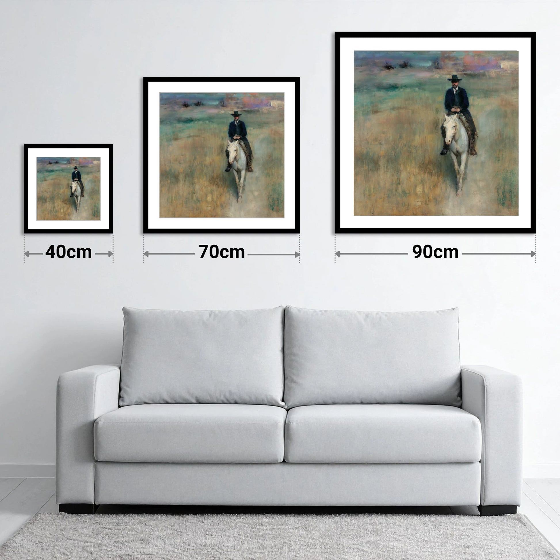 Solitary Trail Rider - size guide showing 40cm, 70cm and 90cm art prints