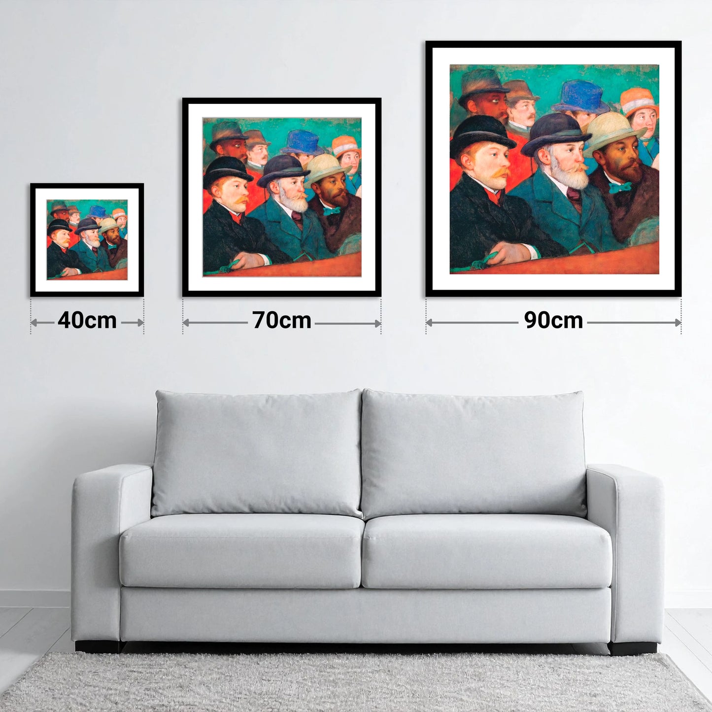 The Racing Crowd - size guide showing 40cm, 70cm and 90cm art prints