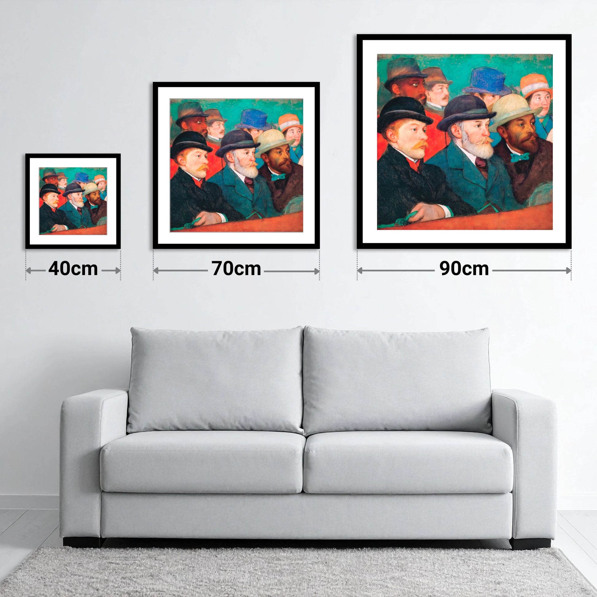 The Racing Crowd - size guide showing 40cm, 70cm and 90cm art prints