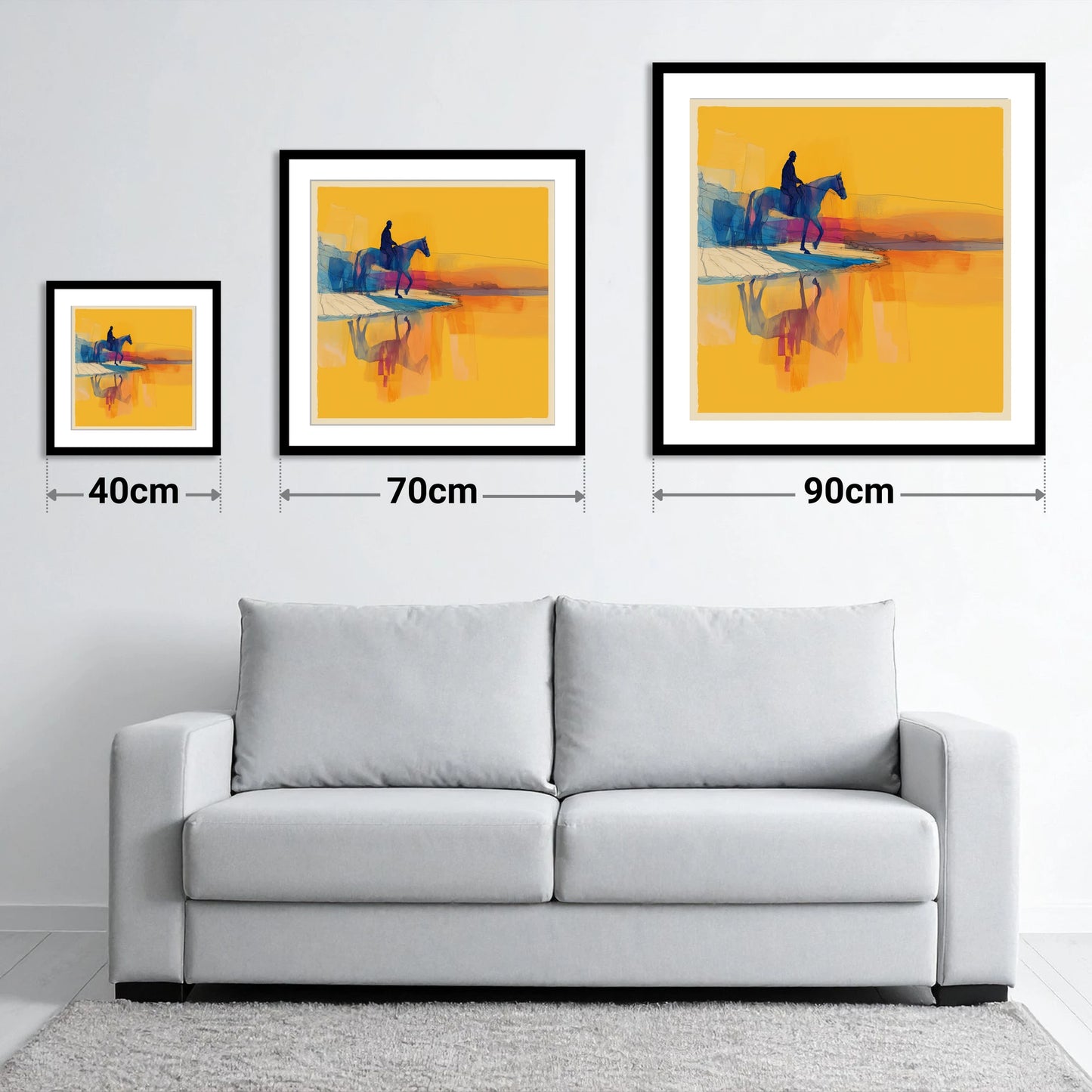 Golden Shoreline Traverse - size guide showing 40cm, 70cm and 90cm art prints