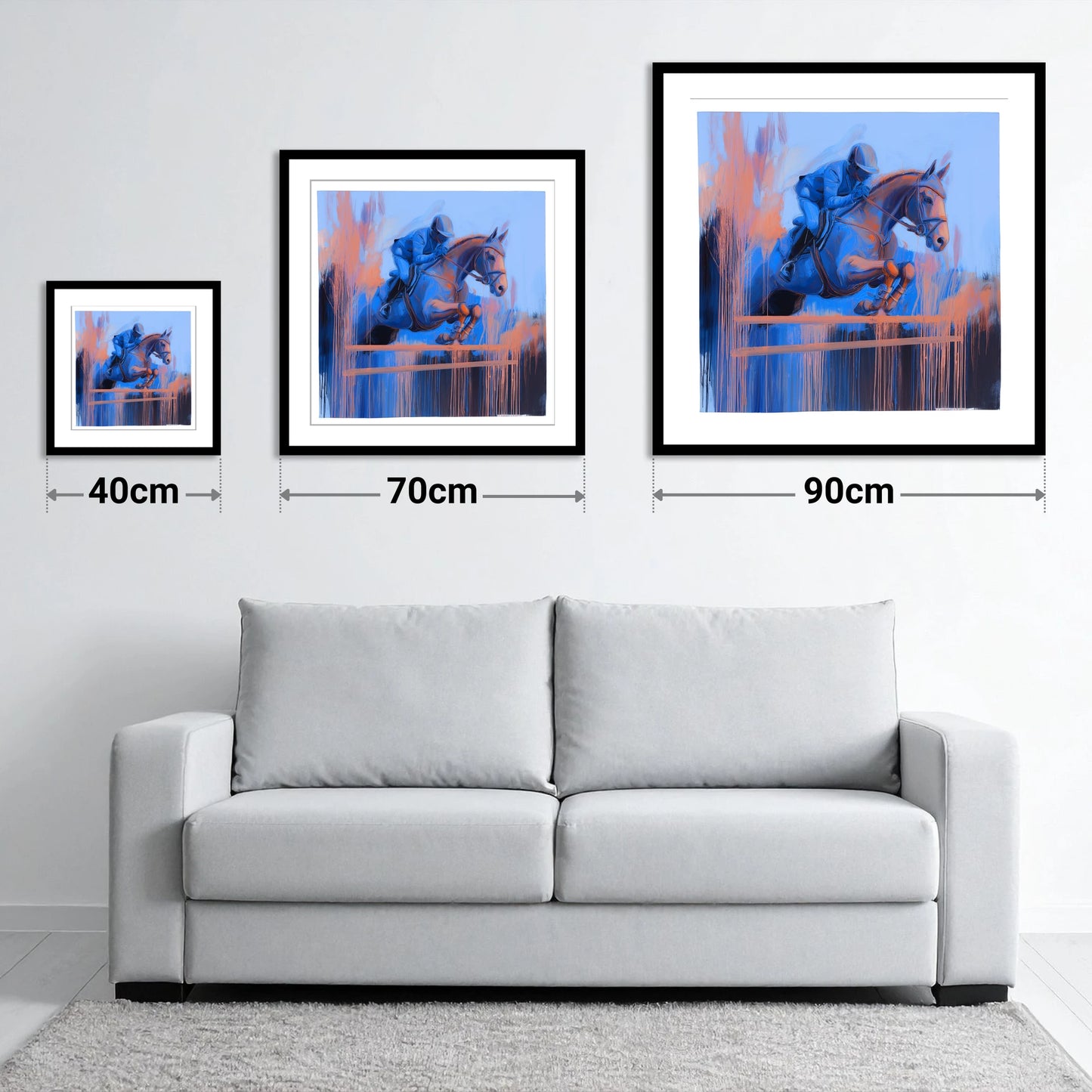 Momentum in Blue and Peach - size guide showing 40cm, 70cm and 90cm art prints