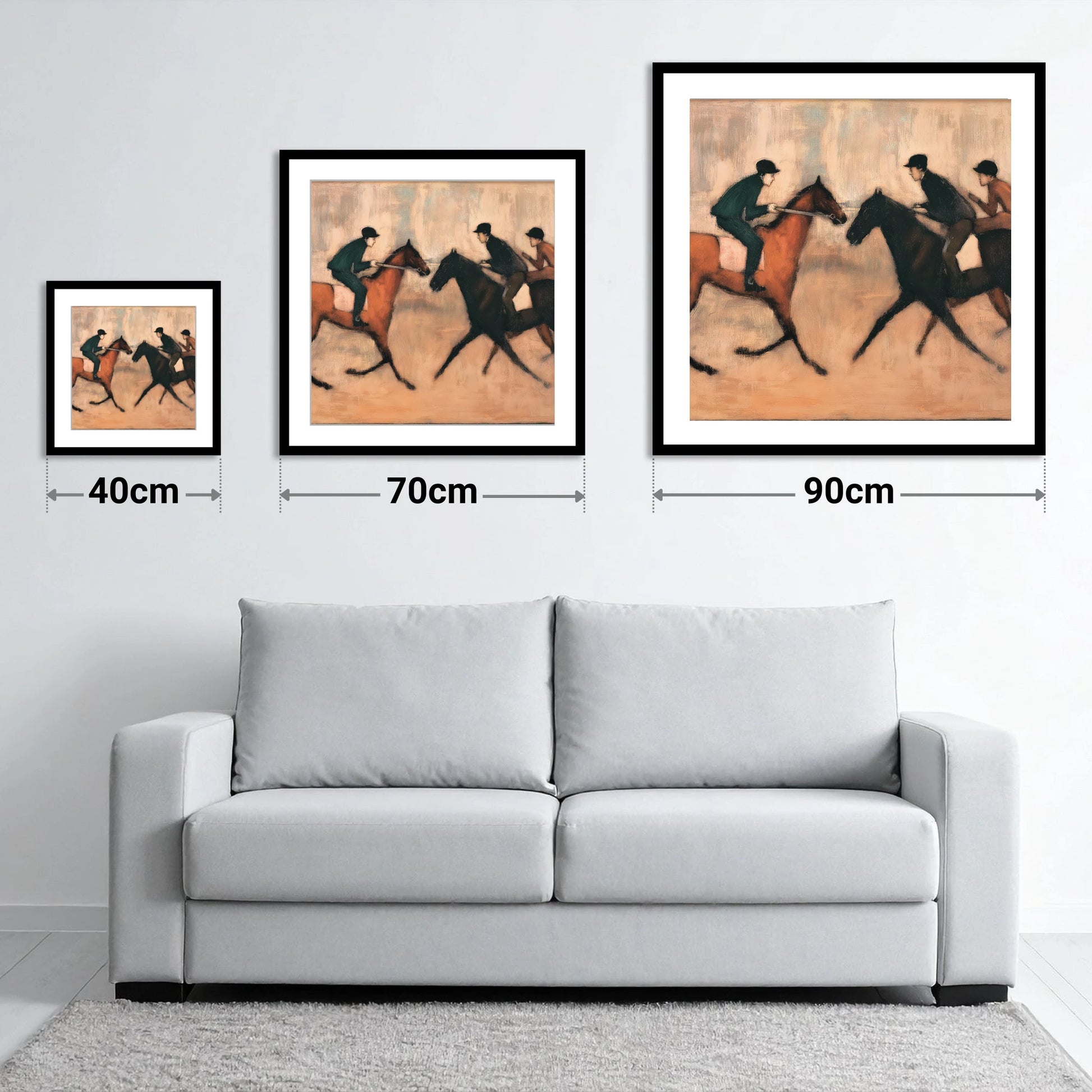 Meeting on the Gallops - size guide showing 40cm, 70cm and 90cm art prints