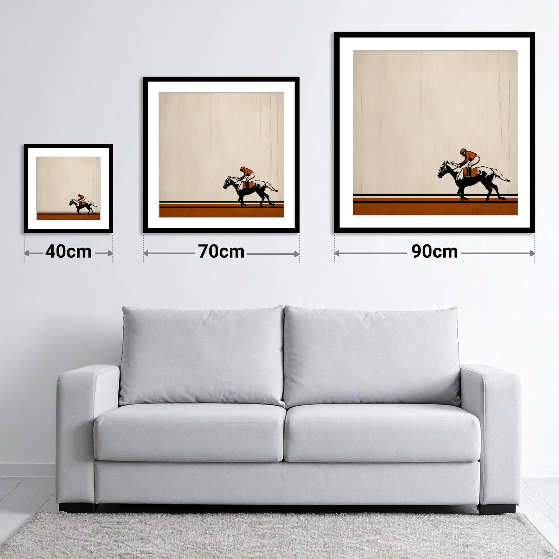 The Final Furlong - size guide showing 40cm, 70cm and 90cm art prints