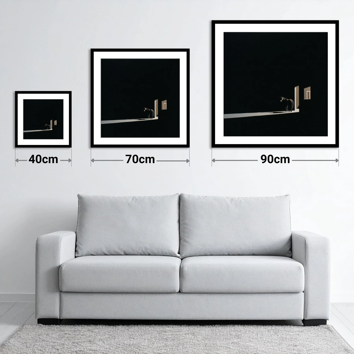Solitary Light - size guide showing 40cm, 70cm and 90cm art prints