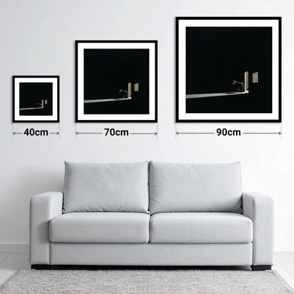 Solitary Light - size guide showing 40cm, 70cm and 90cm art prints