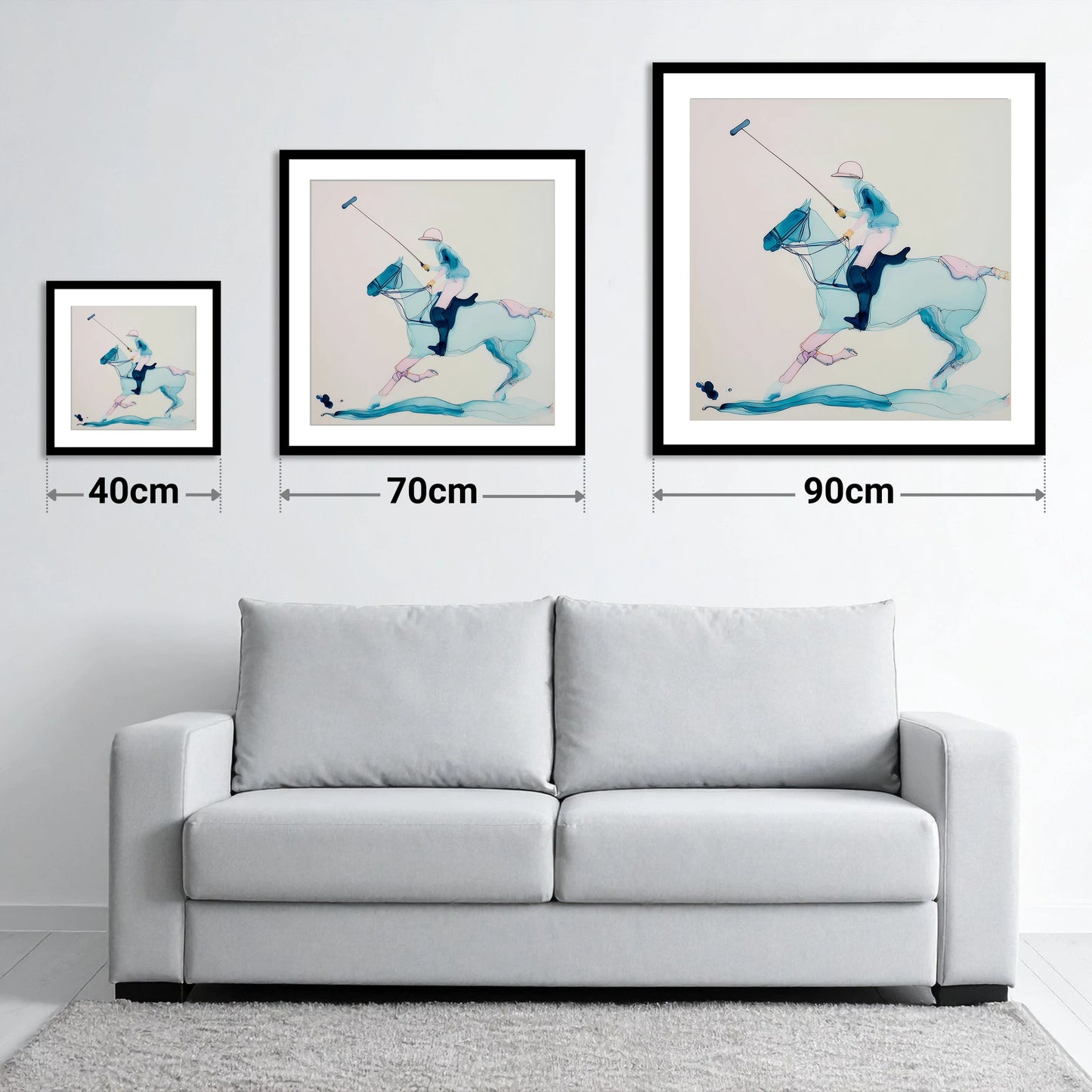 Ethereal Polo Strike - size guide showing 40cm, 70cm and 90cm art prints