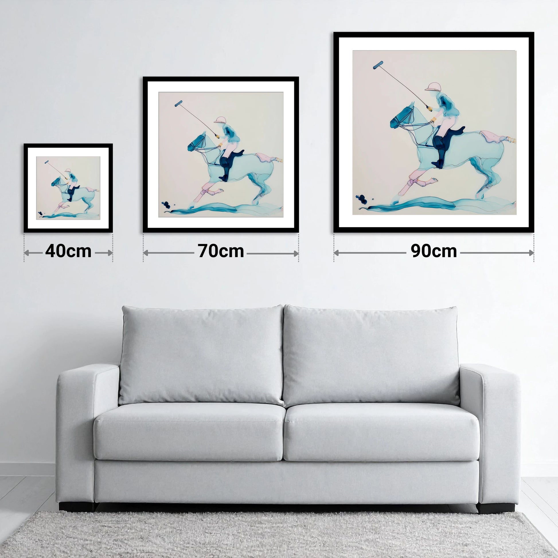Ethereal Polo Strike - size guide showing 40cm, 70cm and 90cm art prints