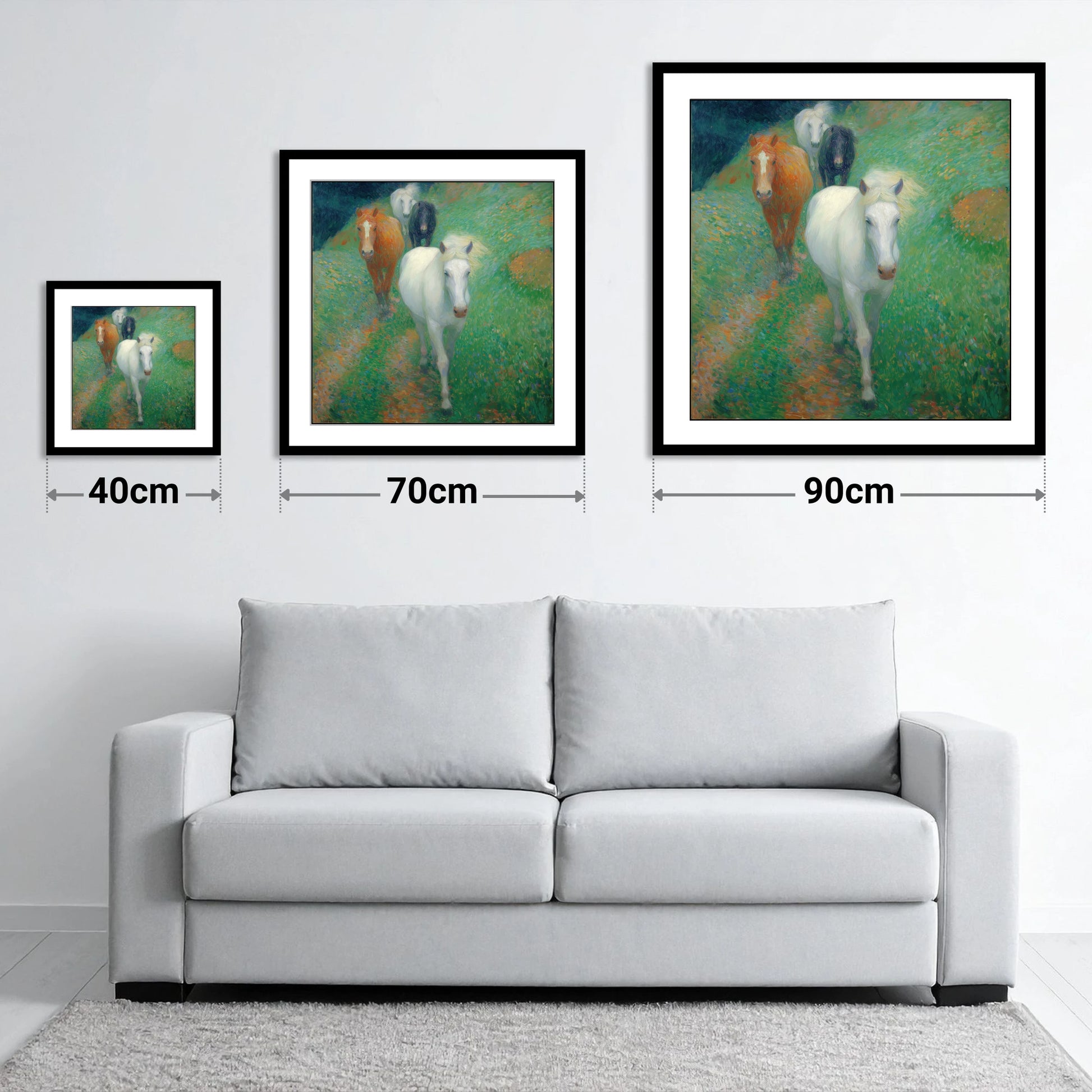 Vibrant Summer Herd - size guide showing 40cm, 70cm and 90cm art prints