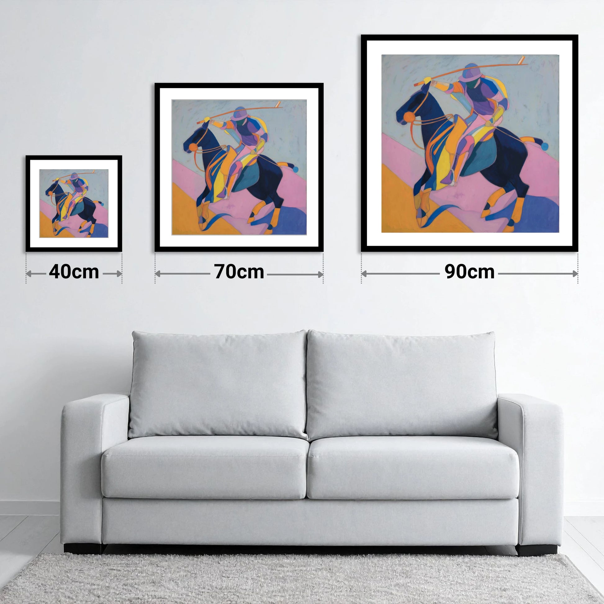 Vibrant Polo Strike - size guide showing 40cm, 70cm and 90cm art prints