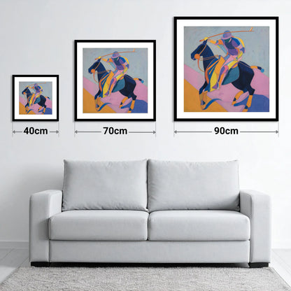 Vibrant Polo Strike - size guide showing 40cm, 70cm and 90cm art prints