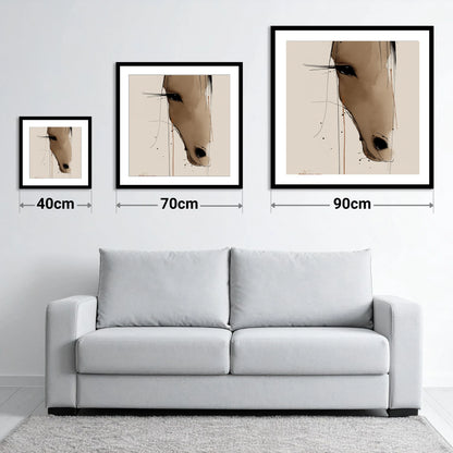 Fluid Sepia Gaze - size guide showing 40cm, 70cm and 90cm art prints
