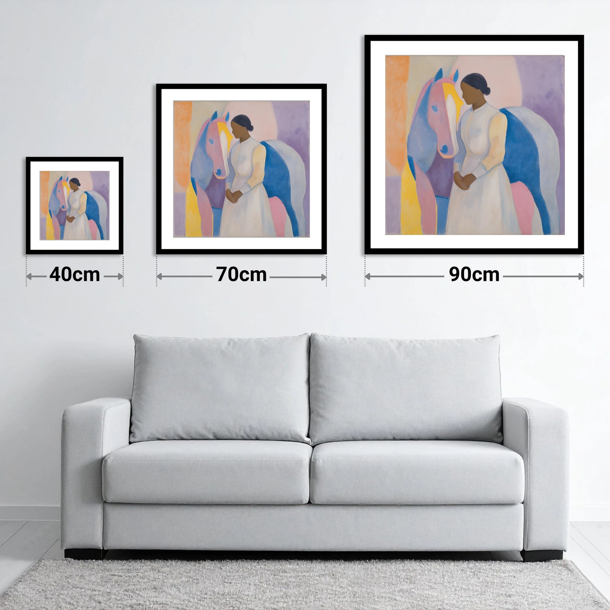 Abstract Equine Harmony - size guide showing 40cm, 70cm and 90cm art prints