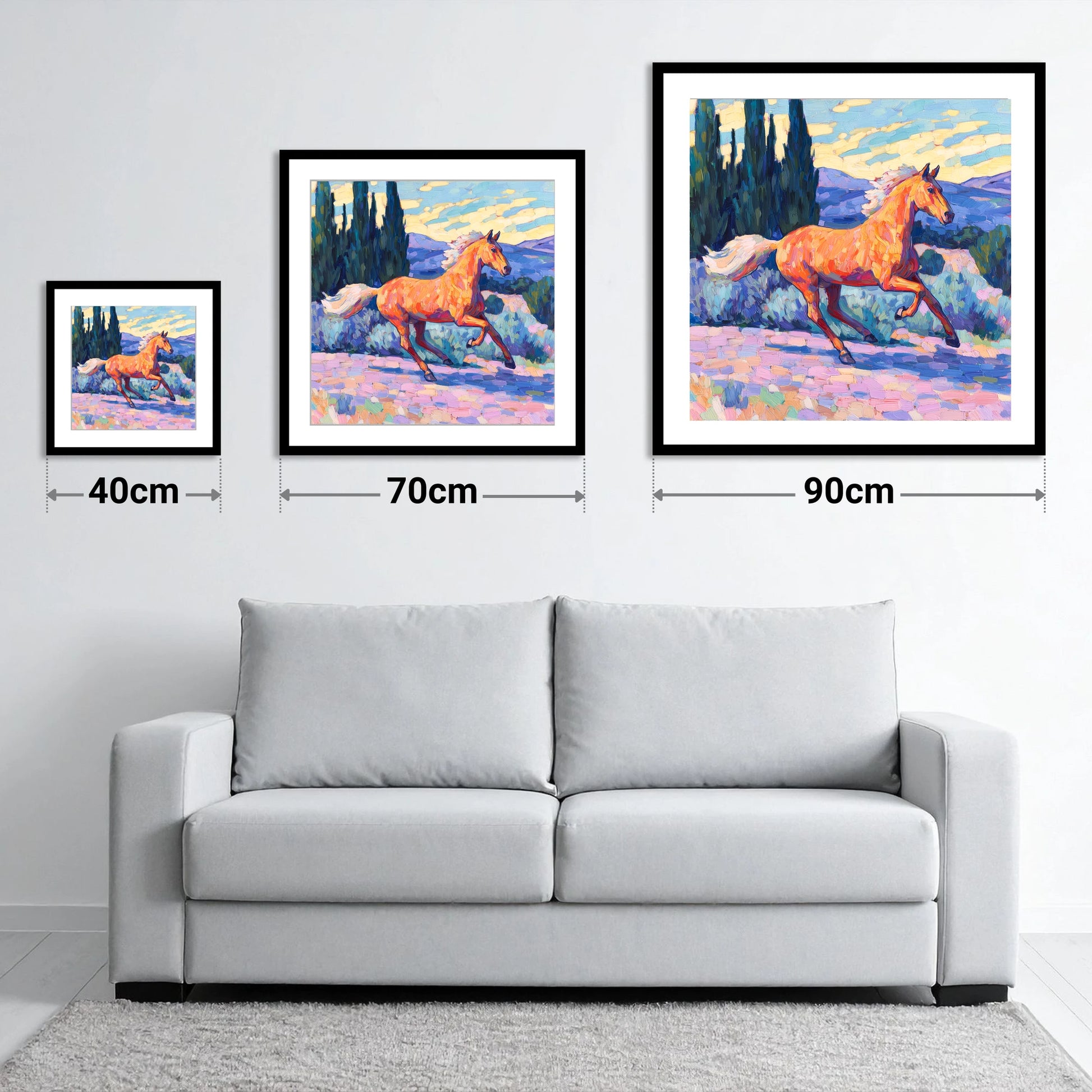 Vibrant Golden Canter - size guide showing 40cm, 70cm and 90cm art prints