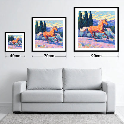 Vibrant Golden Canter - size guide showing 40cm, 70cm and 90cm art prints