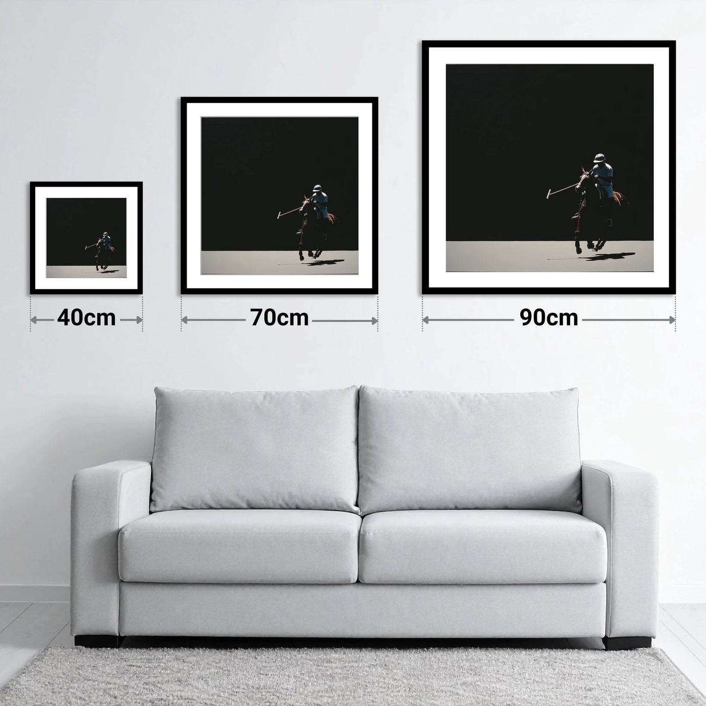 Shadows of the Chukka - size guide showing 40cm, 70cm and 90cm art prints