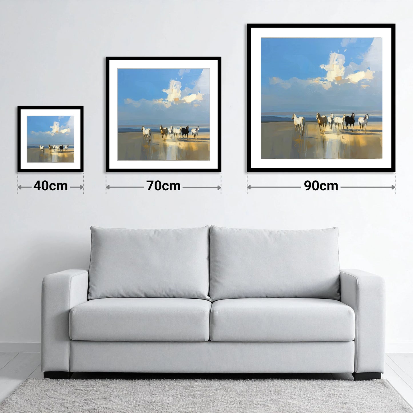 Sunlit Coastal Herd - size guide showing 40cm, 70cm and 90cm art prints
