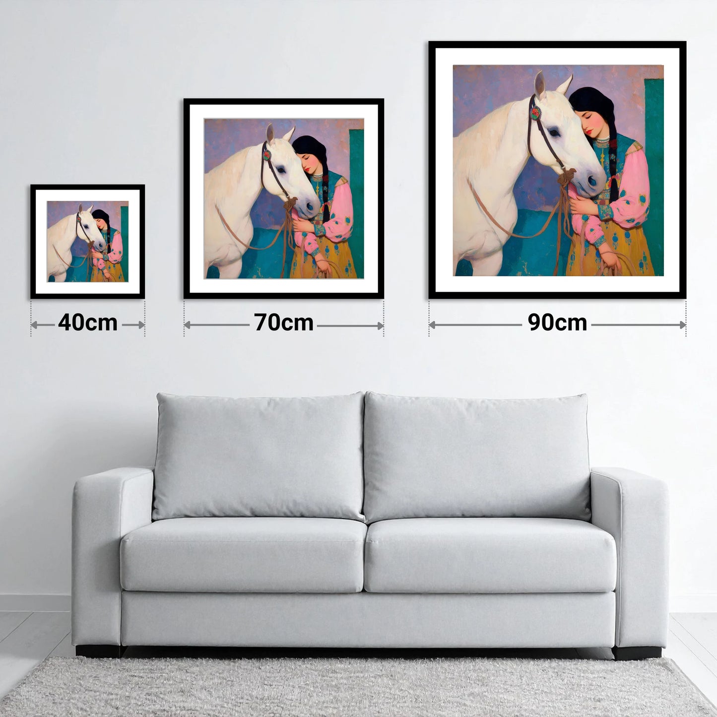 Quiet Devotion - size guide showing 40cm, 70cm and 90cm art prints