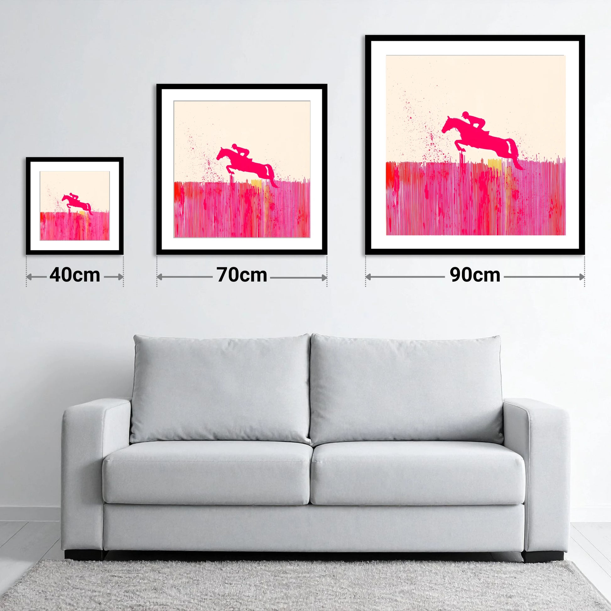 Vibrant Magenta Leap - size guide showing 40cm, 70cm and 90cm art prints