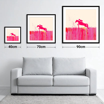 Vibrant Magenta Leap - size guide showing 40cm, 70cm and 90cm art prints