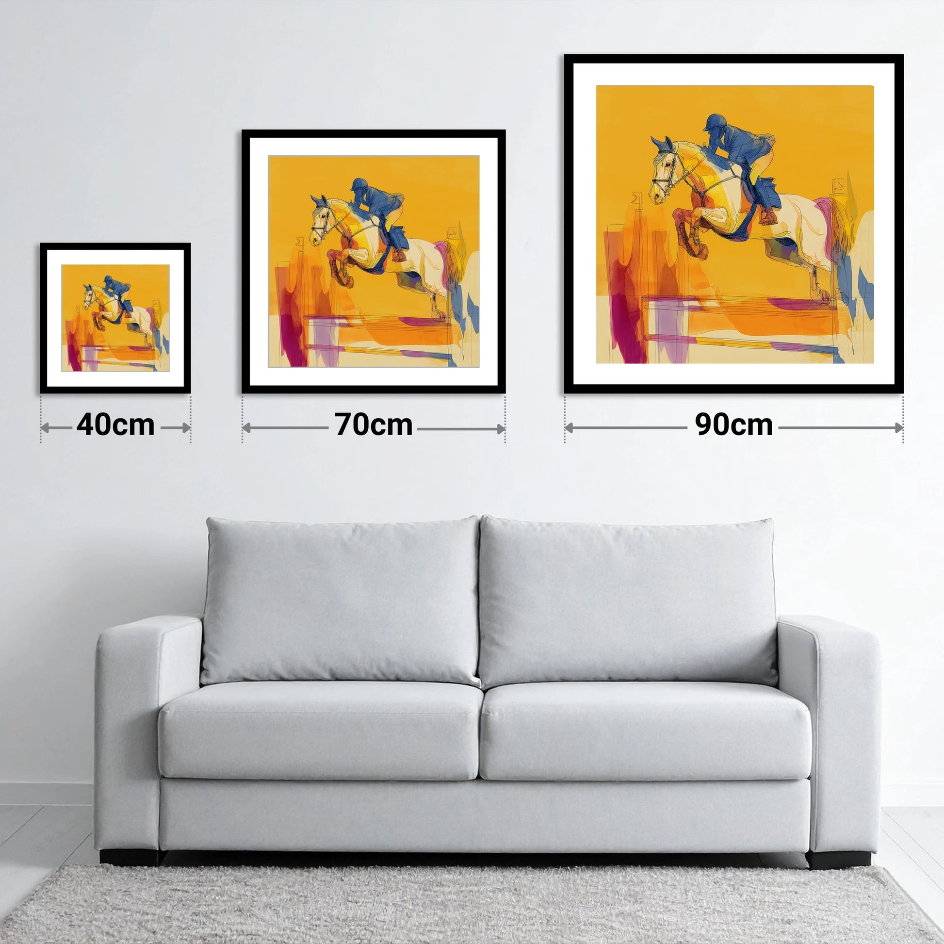 Flight In Gold - size guide showing 40cm, 70cm and 90cm art prints