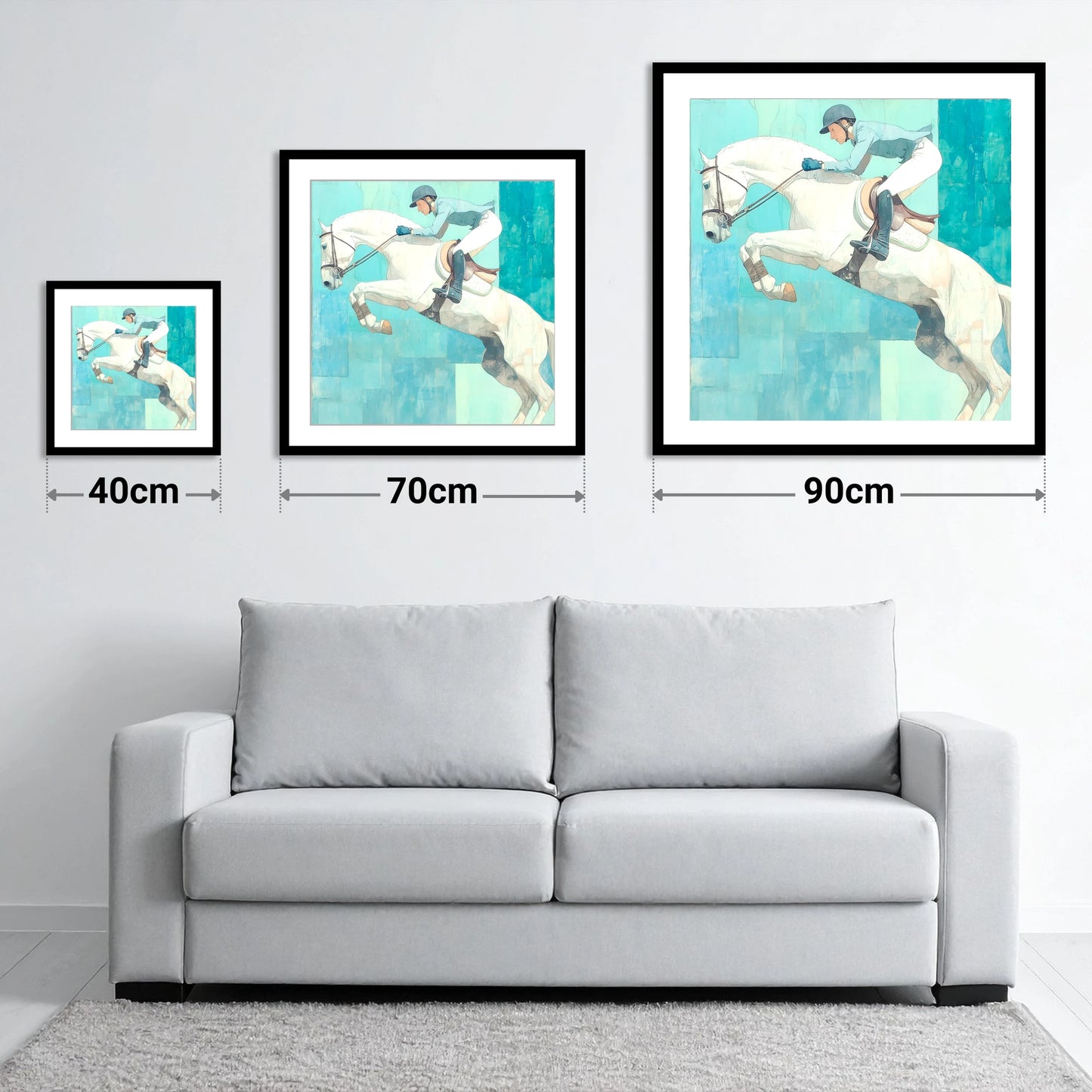 Airborne in Aquamarine - size guide showing 40cm, 70cm and 90cm art prints
