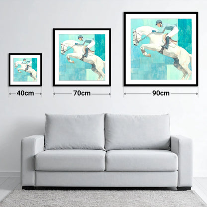 Airborne in Aquamarine - size guide showing 40cm, 70cm and 90cm art prints
