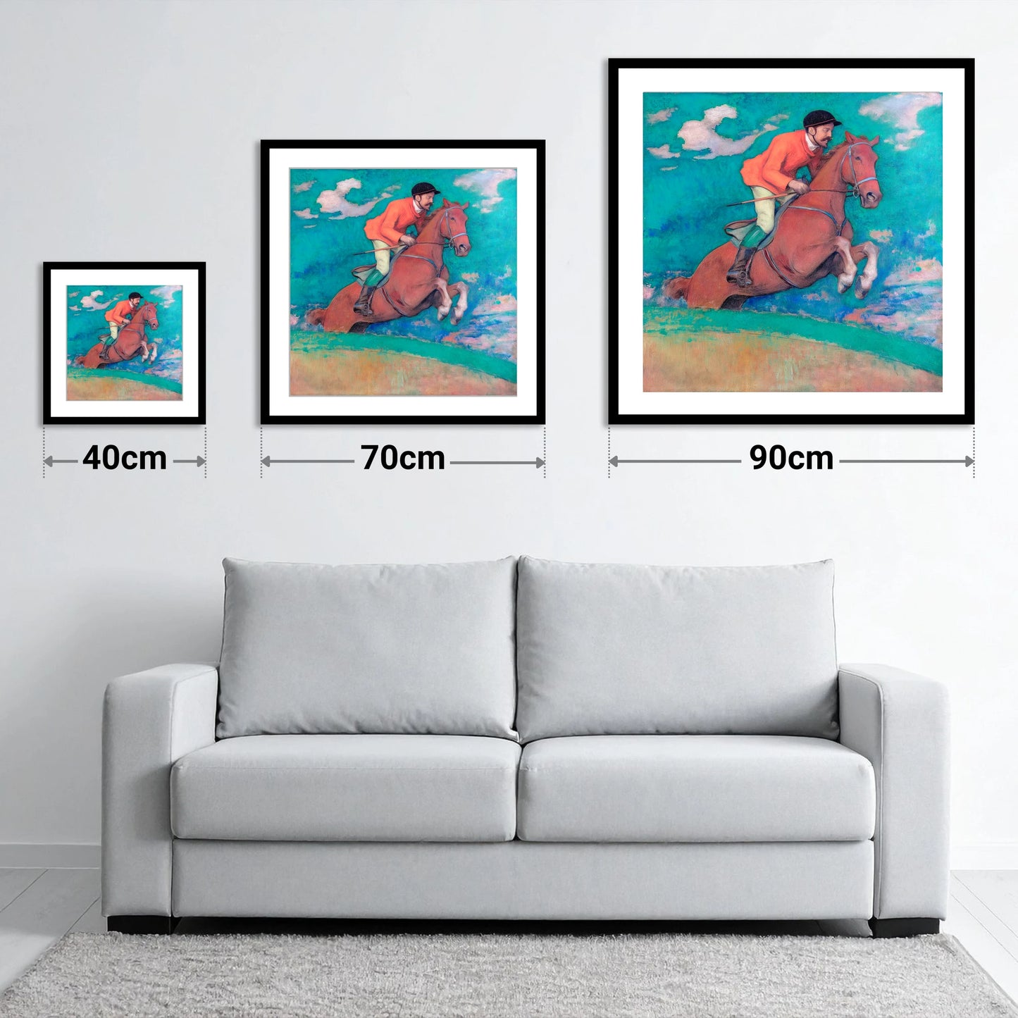 The Crimson Chase - size guide showing 40cm, 70cm and 90cm art prints