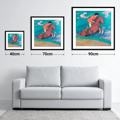 The Crimson Chase - size guide showing 40cm, 70cm and 90cm art prints