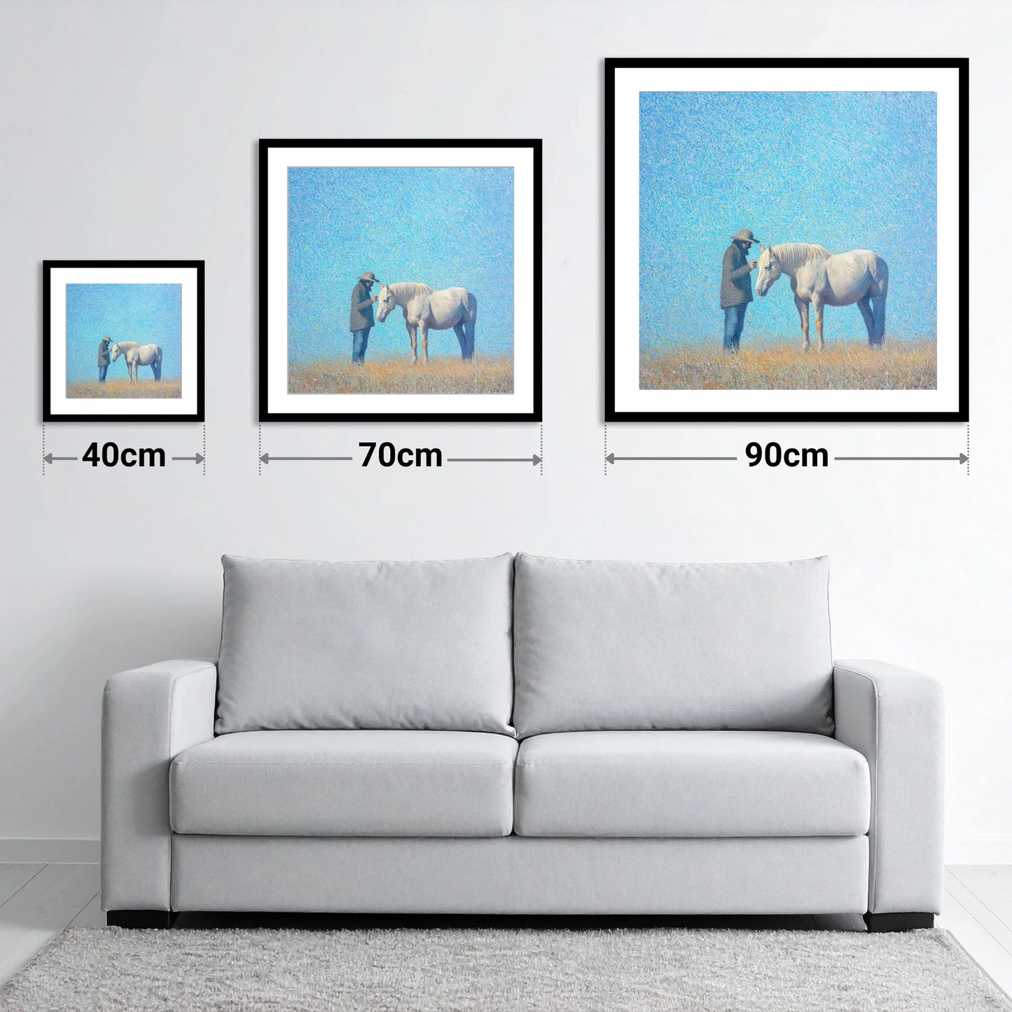 Luminous Connection - size guide showing 40cm, 70cm and 90cm art prints