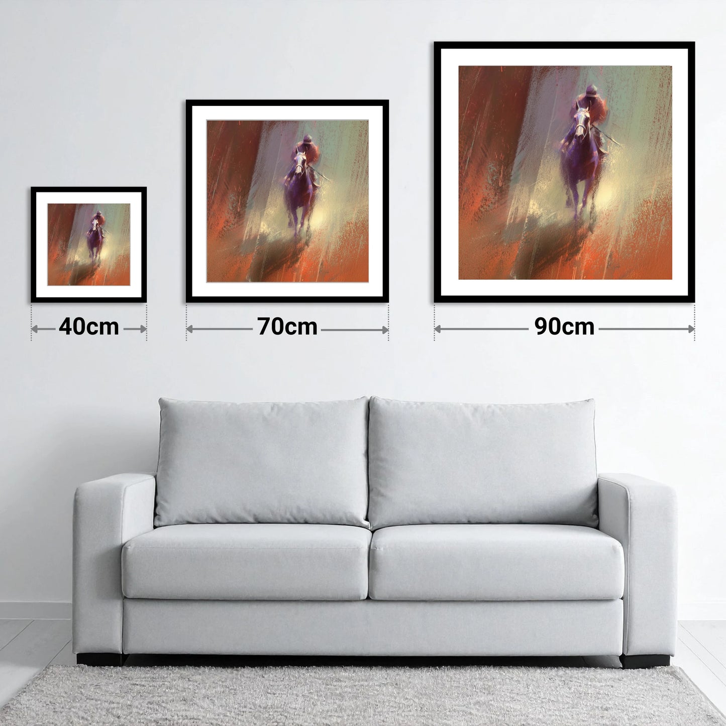 Out of the Haze - size guide showing 40cm, 70cm and 90cm art prints