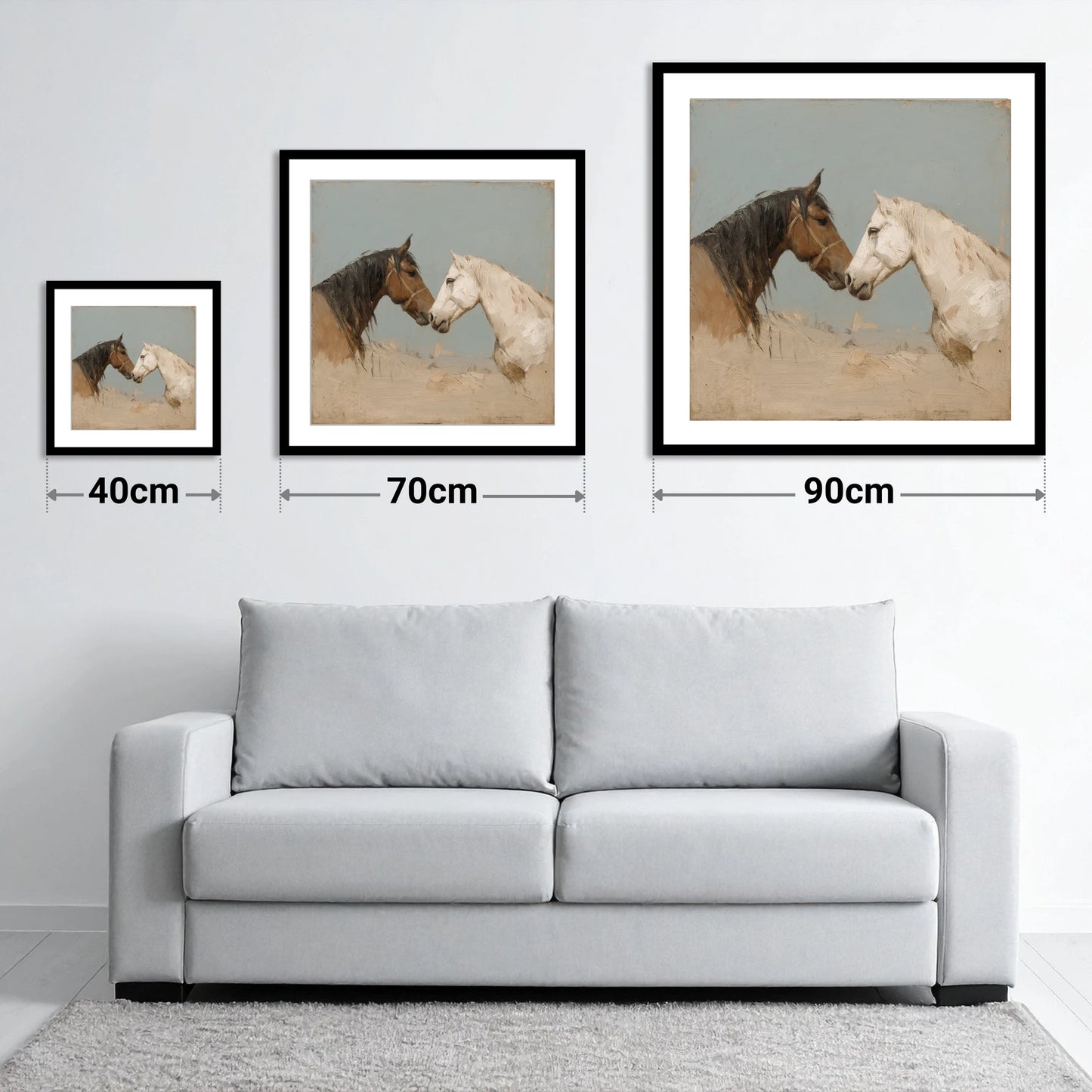 Kindred Spirits - size guide showing 40cm, 70cm and 90cm art prints