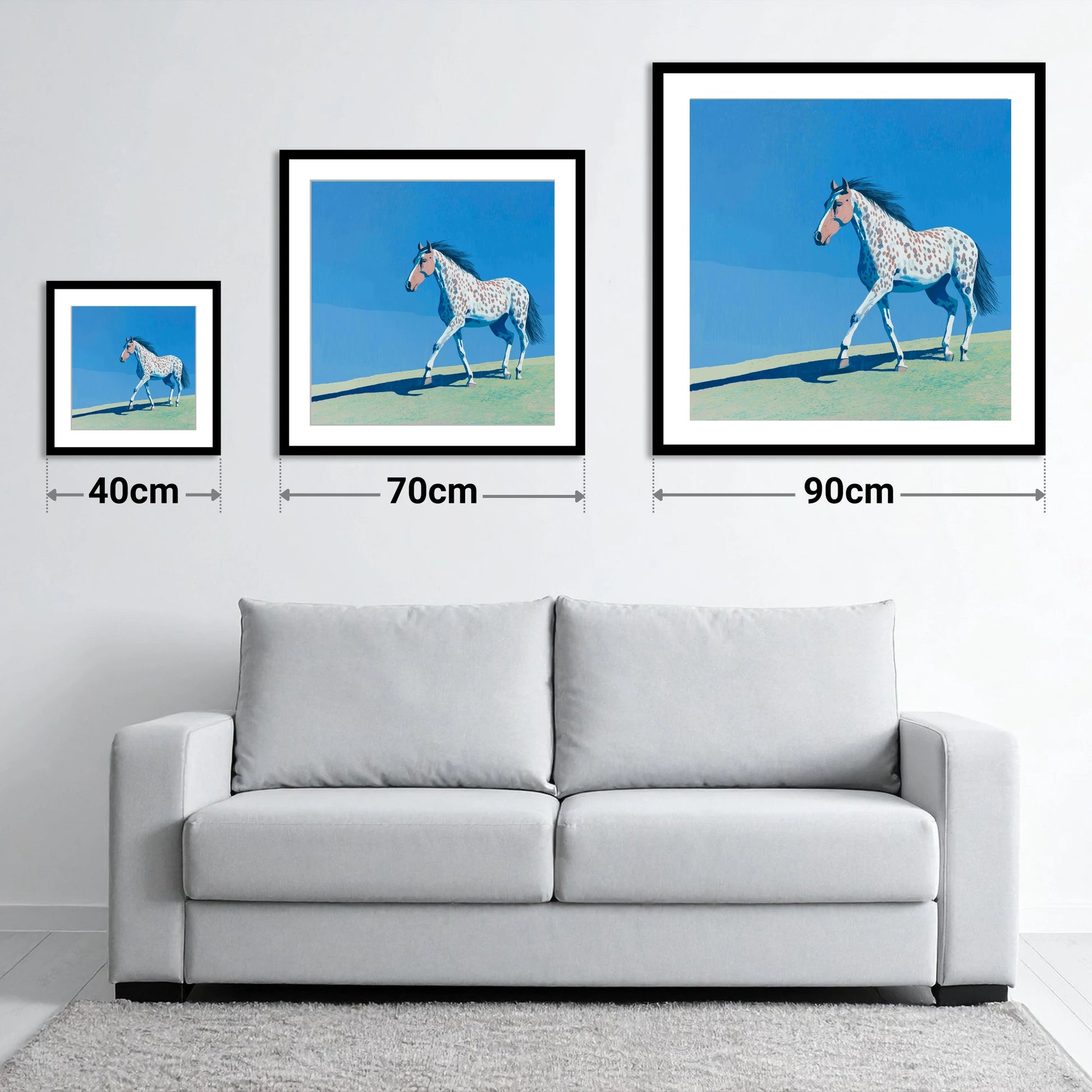 Appaloosa On The Ridge - size guide showing 40cm, 70cm and 90cm art prints