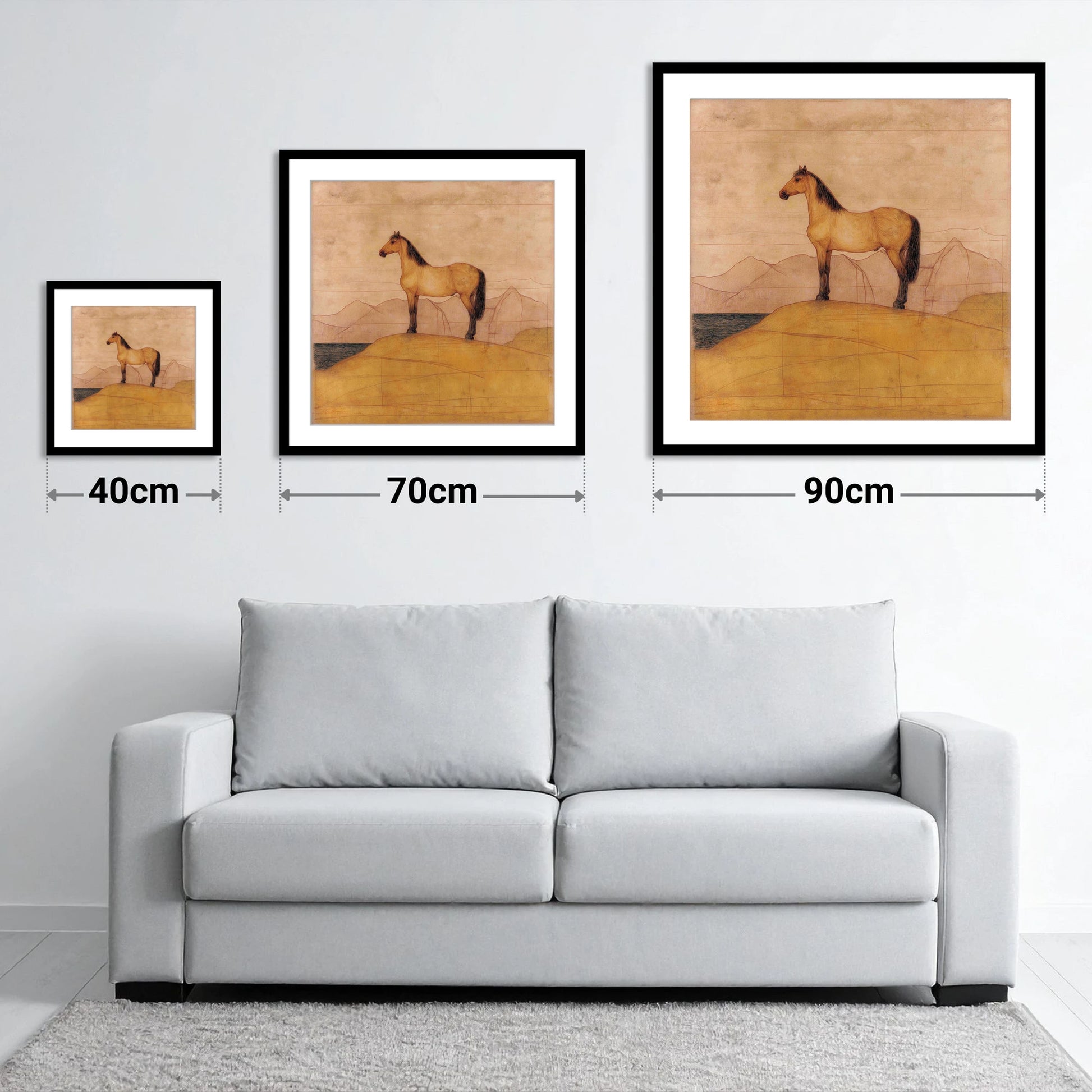 Golden Ridge Study - size guide showing 40cm, 70cm and 90cm art prints