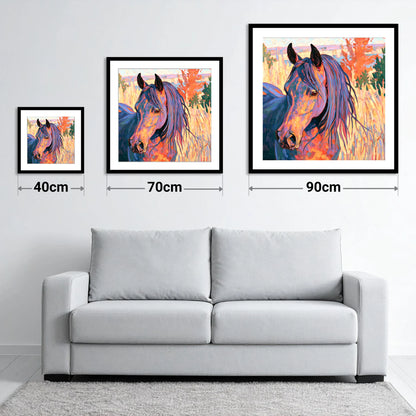 Colourful Horse in Autumn Grass - size guide showing 40cm, 70cm and 90cm art prints