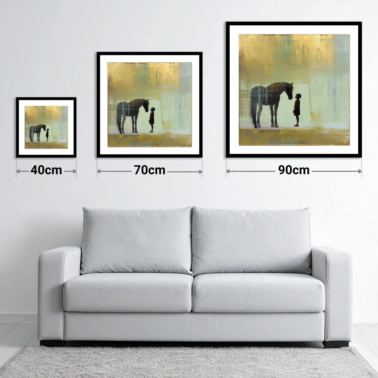 A Quiet Understanding - size guide showing 40cm, 70cm and 90cm art prints
