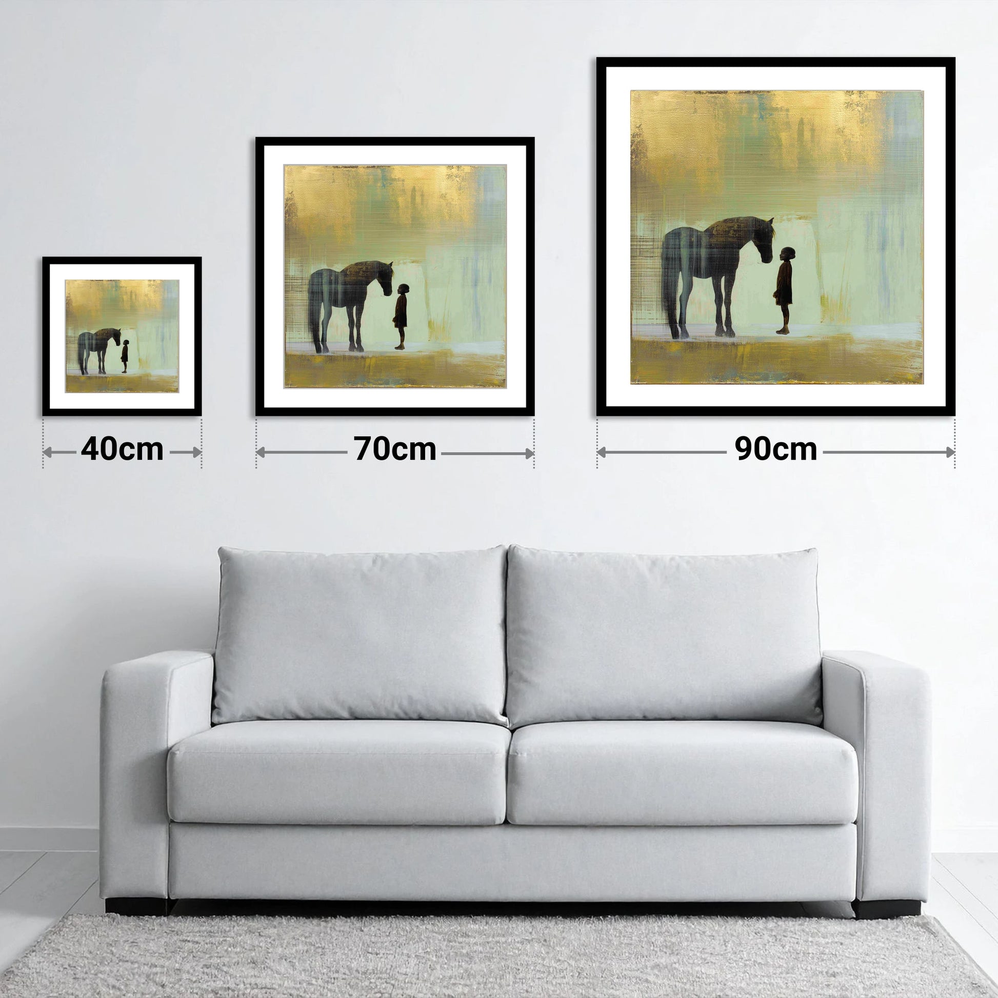 A Quiet Understanding - size guide showing 40cm, 70cm and 90cm art prints