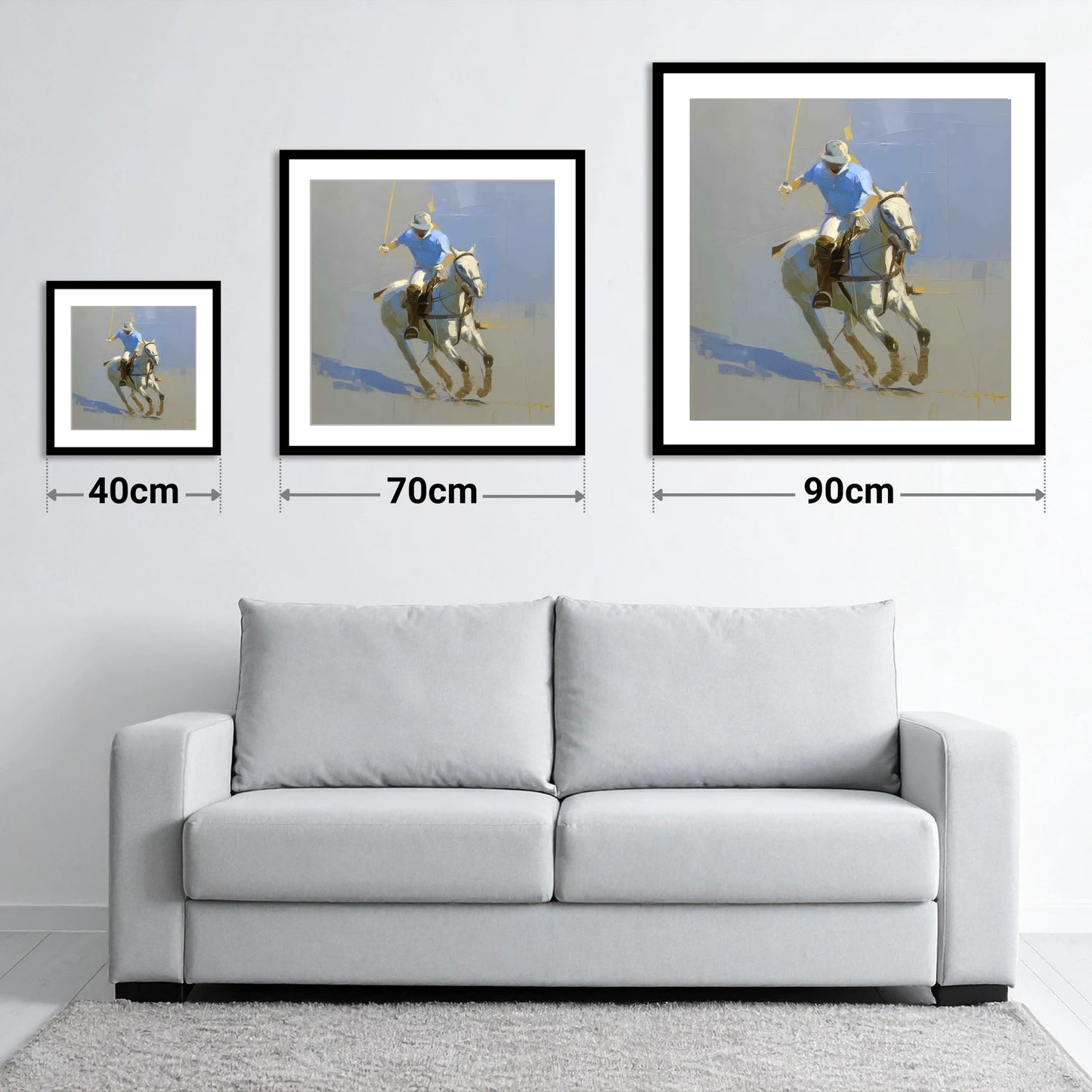 The Decisive Stroke - size guide showing 40cm, 70cm and 90cm art prints