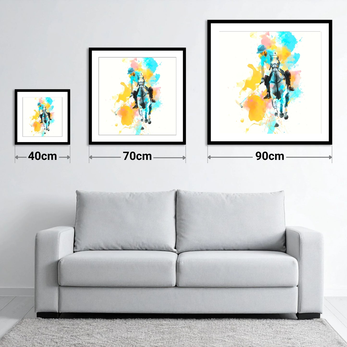 The Perfect Strike - size guide showing 40cm, 70cm and 90cm art prints