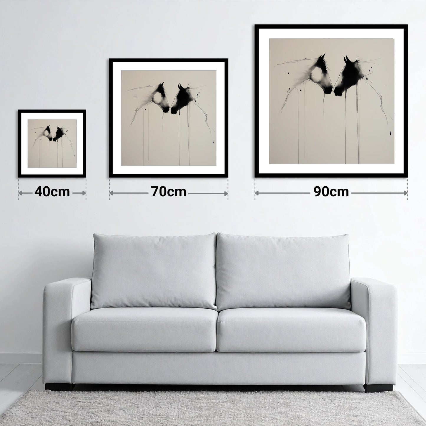 Ethereal Bond - size guide showing 40cm, 70cm and 90cm art prints