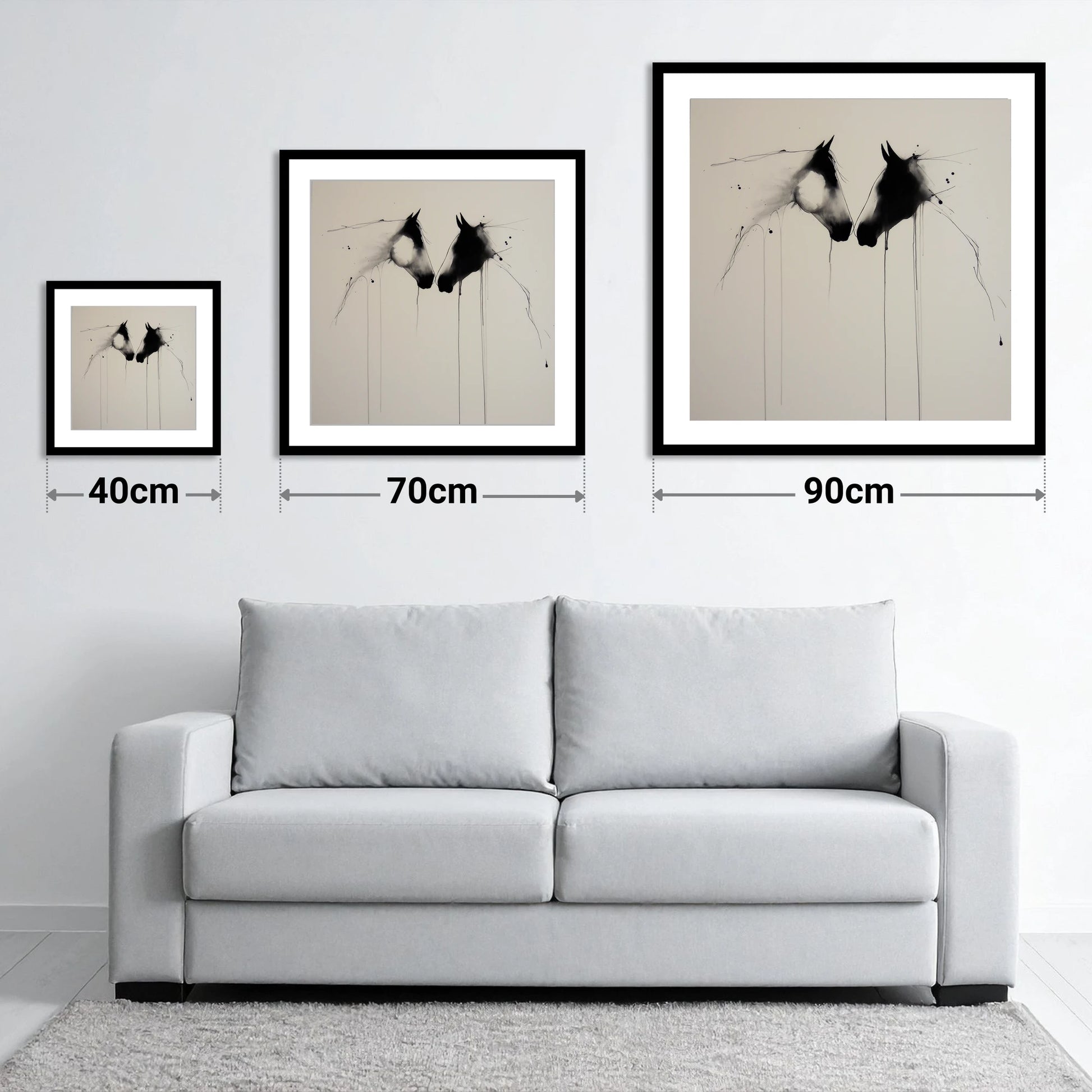 Ethereal Bond - size guide showing 40cm, 70cm and 90cm art prints
