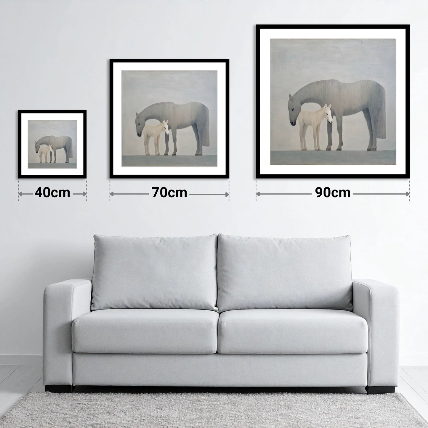 Ethereal Bond - size guide showing 40cm, 70cm and 90cm art prints