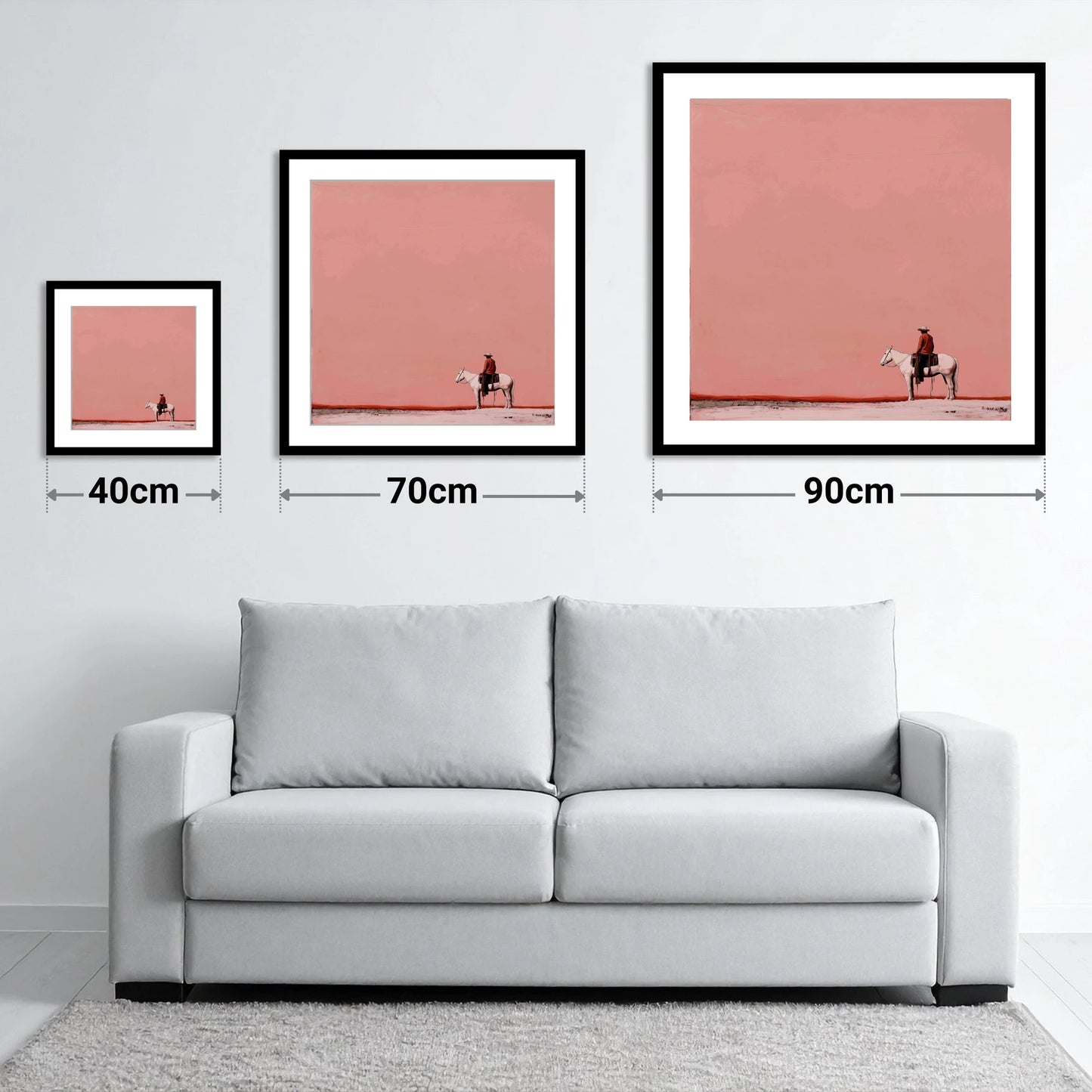 Dusty Rose Horizon - size guide showing 40cm, 70cm and 90cm art prints