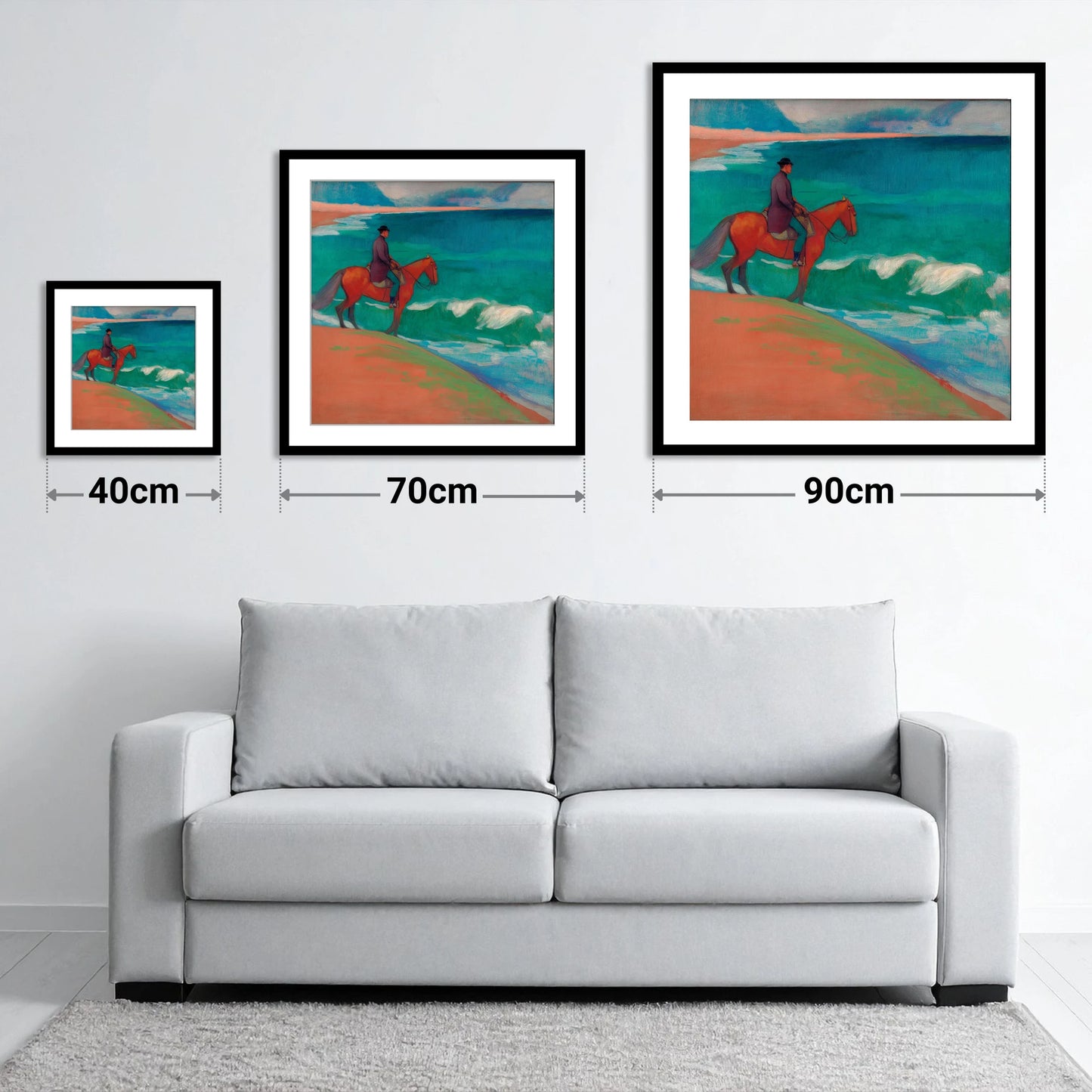 Chestnut By The Emerald Shore - size guide showing 40cm, 70cm and 90cm art prints