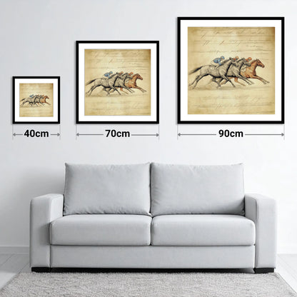 Vintage Thoroughbred Racing Study - size guide showing 40cm, 70cm and 90cm art prints