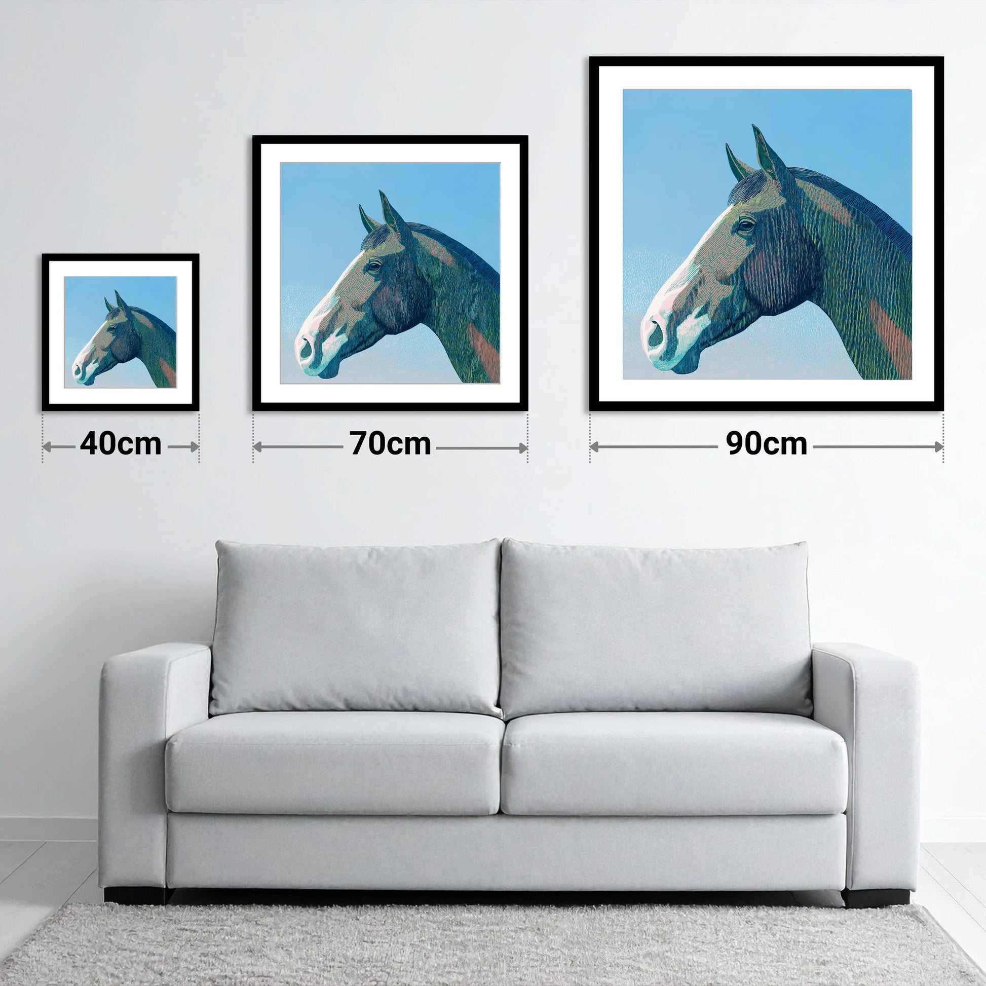 The Azure Profile - size guide showing 40cm, 70cm and 90cm art prints