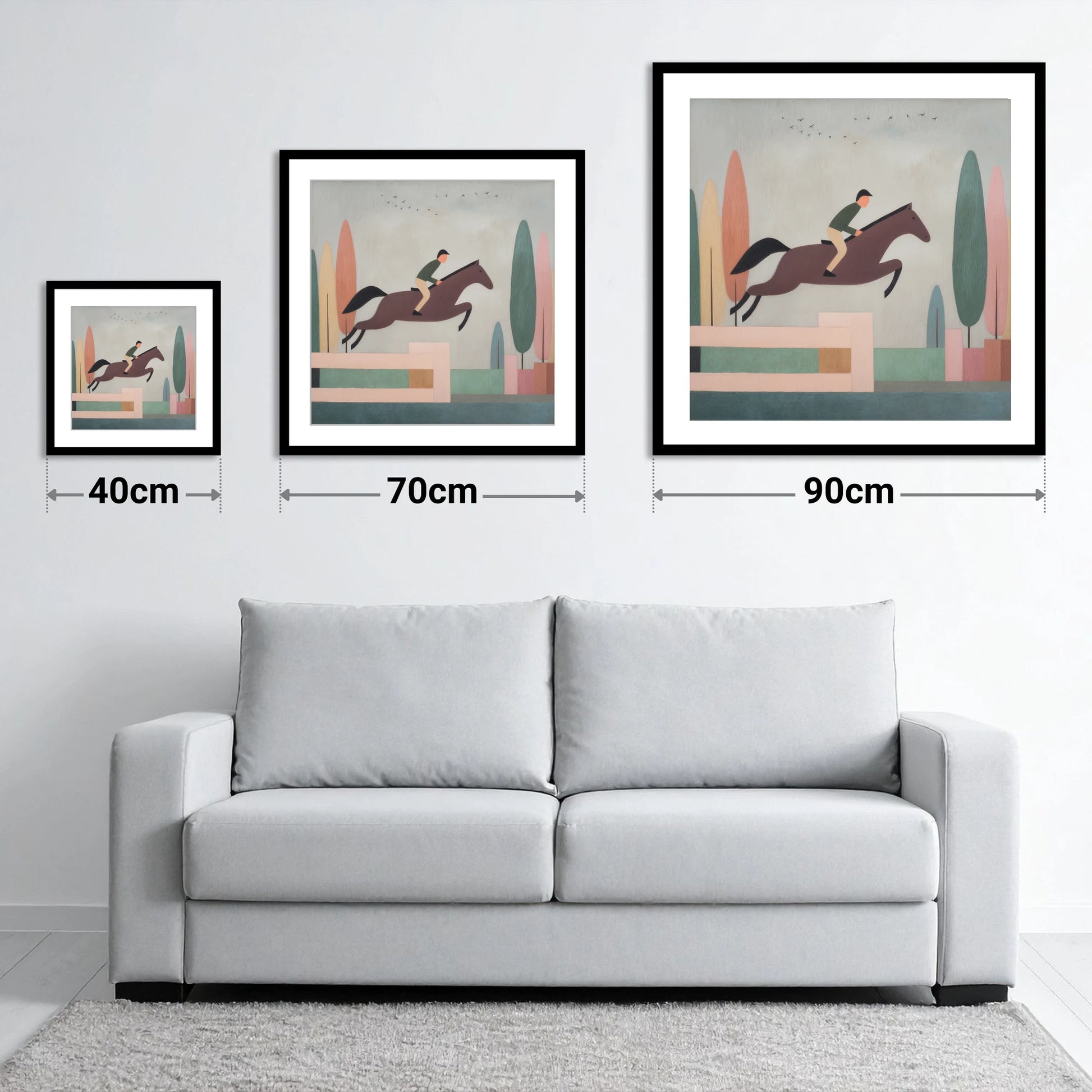 Nostalgic Clear Round - size guide showing 40cm, 70cm and 90cm art prints