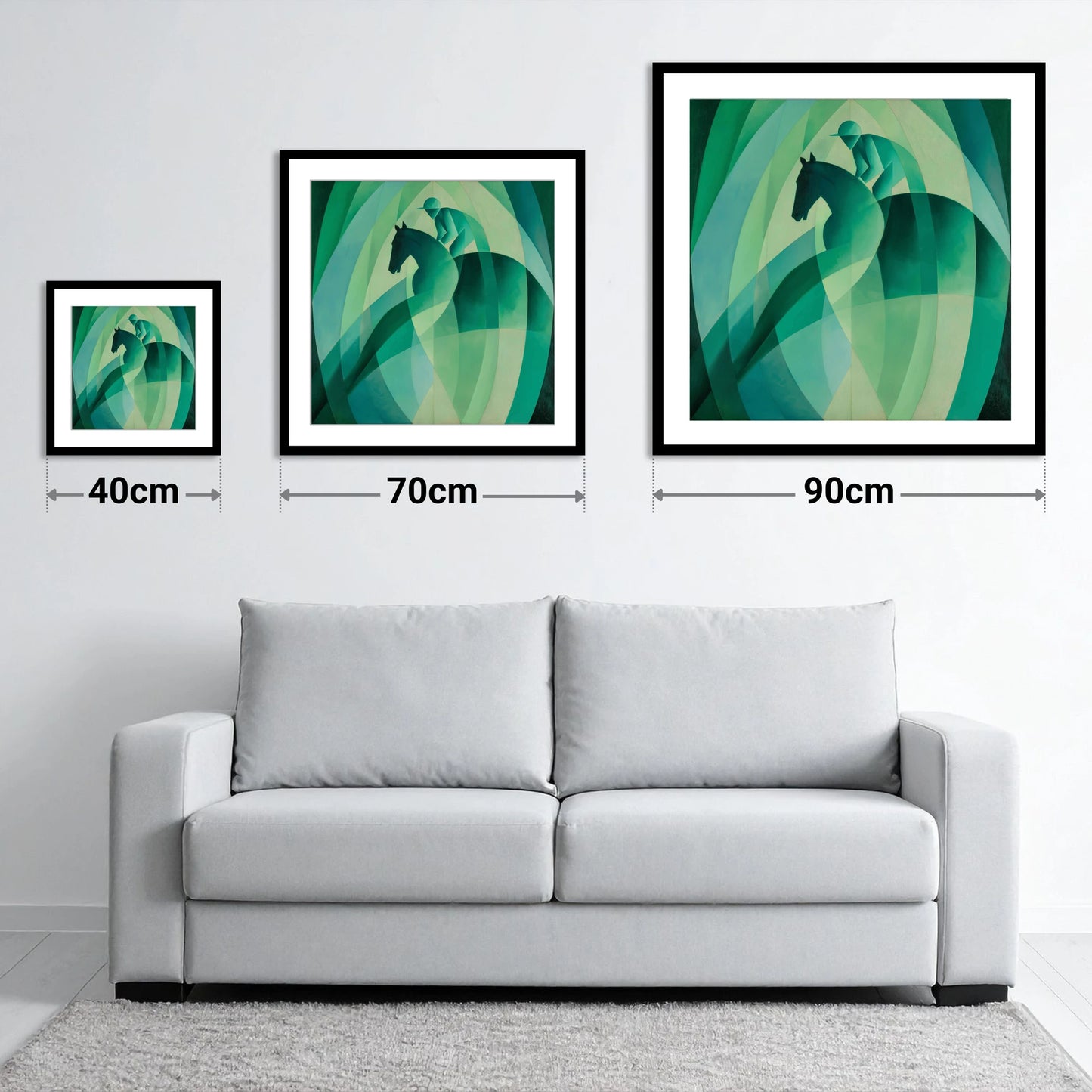 Emerald Rhythm - size guide showing 40cm, 70cm and 90cm art prints