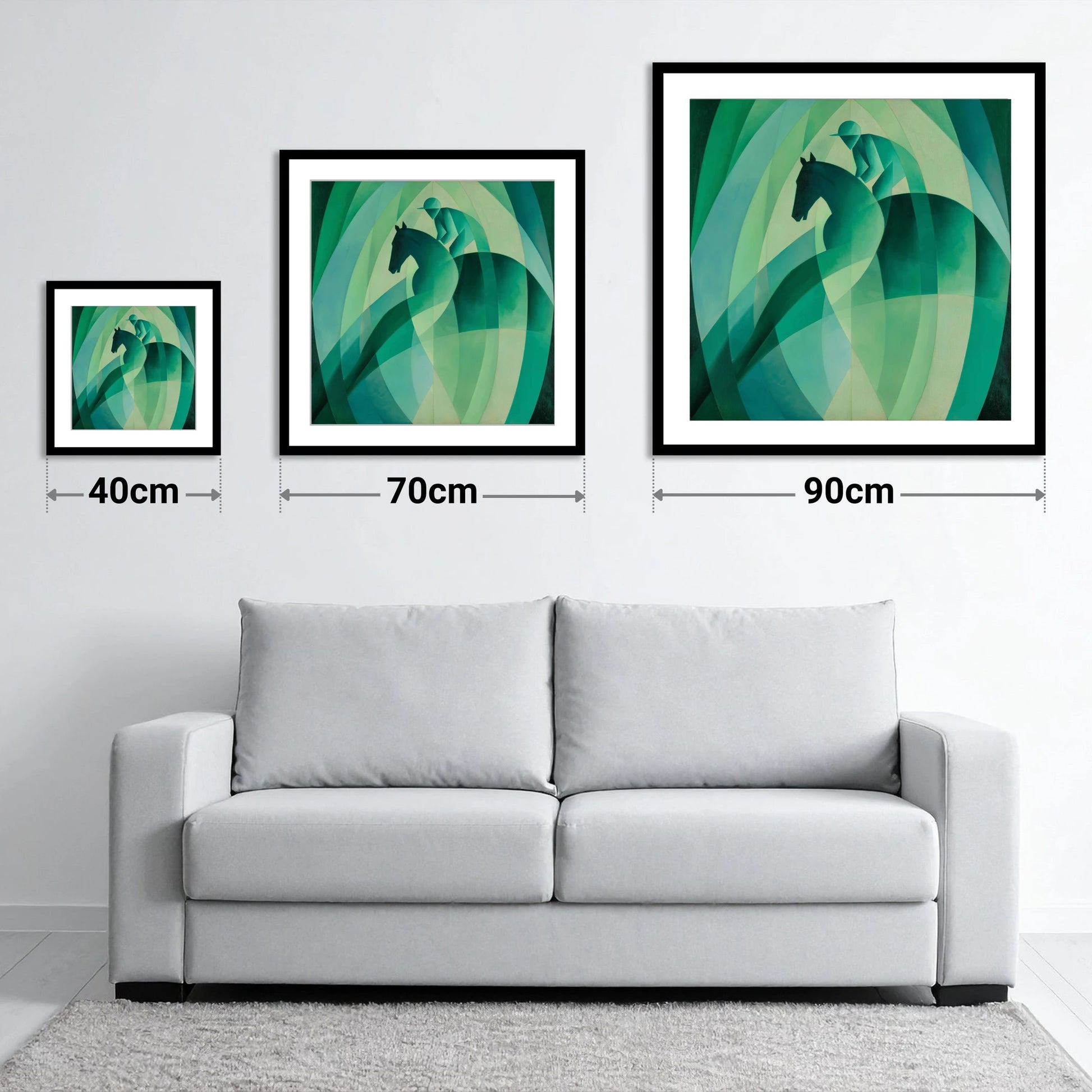 Emerald Rhythm - size guide showing 40cm, 70cm and 90cm art prints