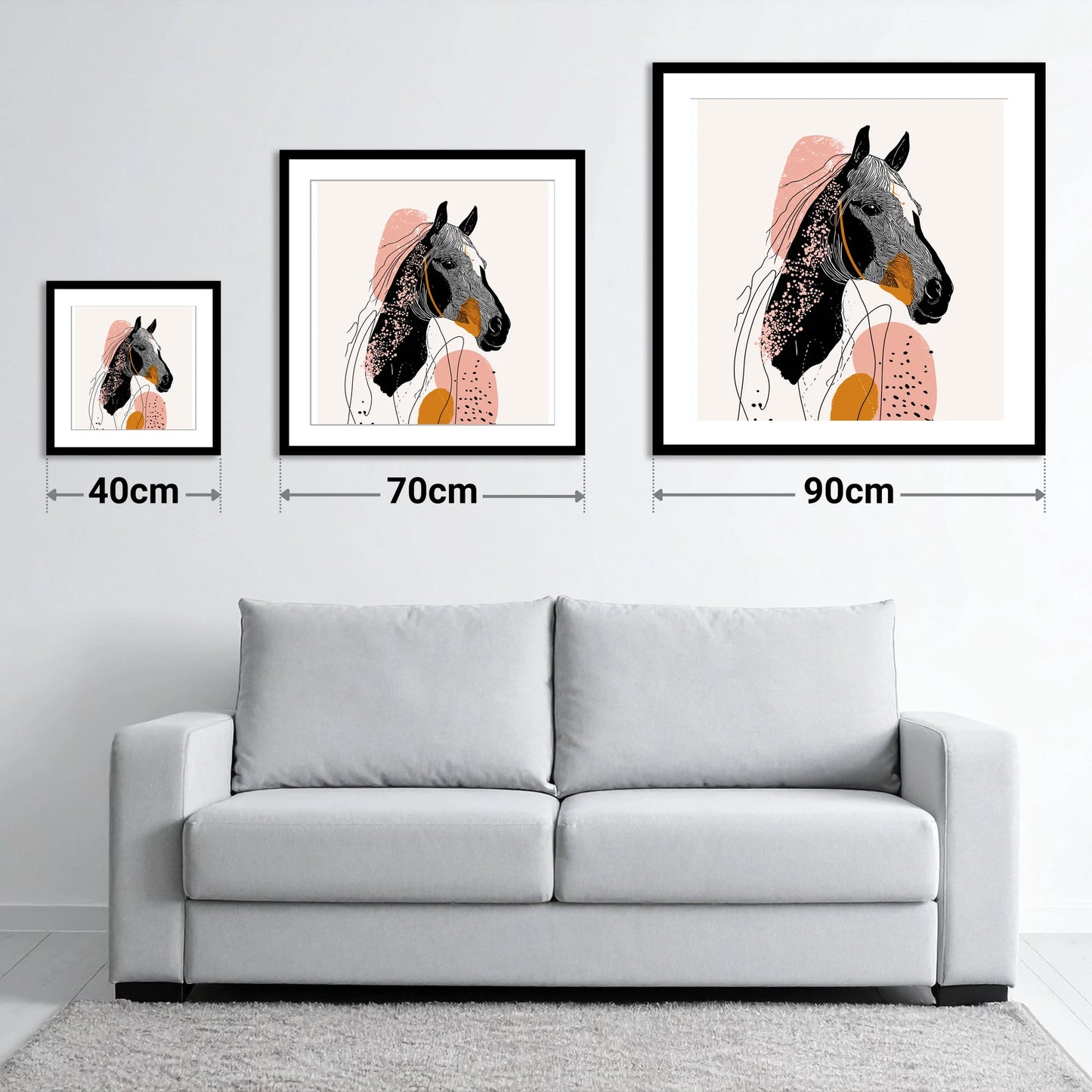Abstract Racing Silhouette - size guide showing 40cm, 70cm and 90cm art prints