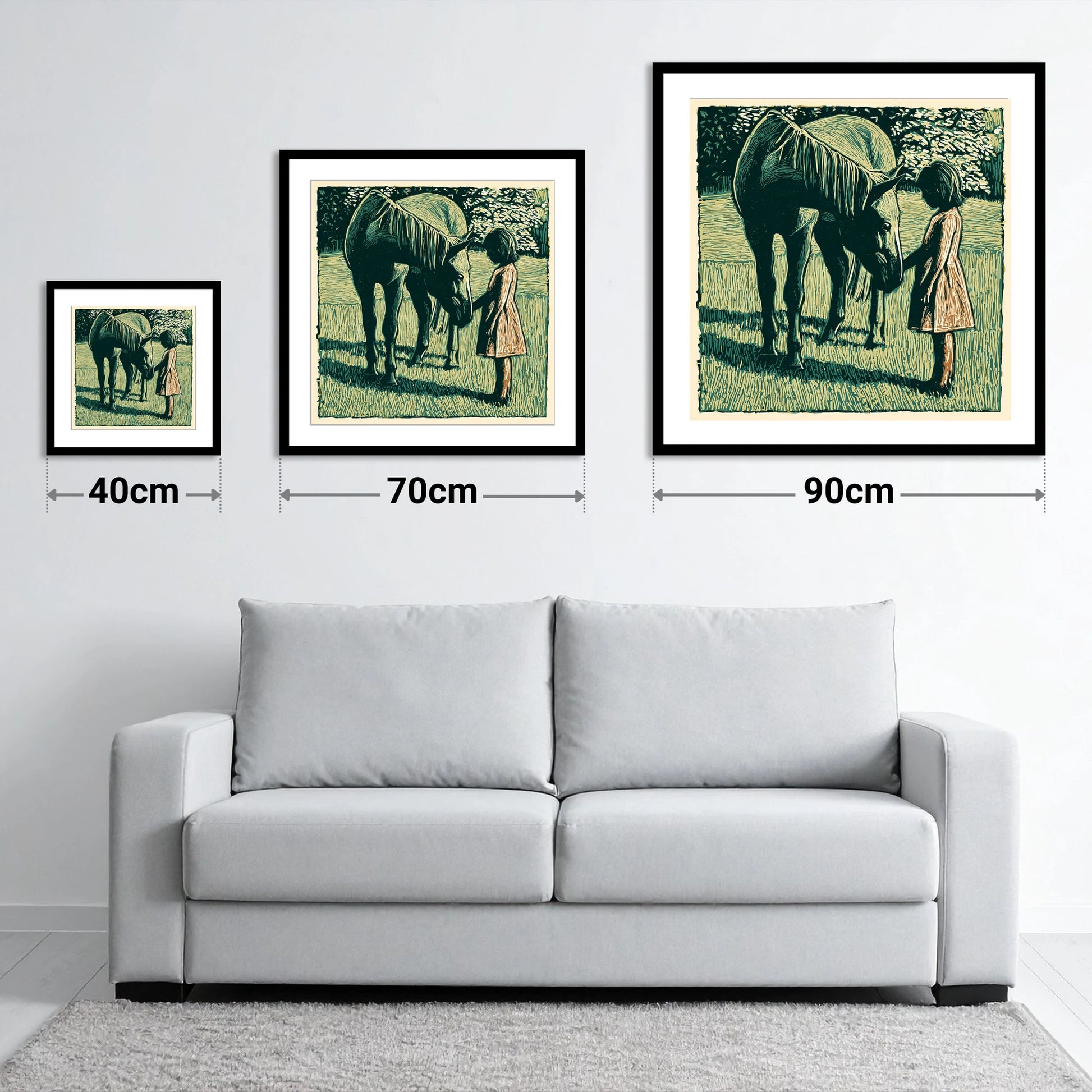 First Greetings - size guide showing 40cm, 70cm and 90cm art prints